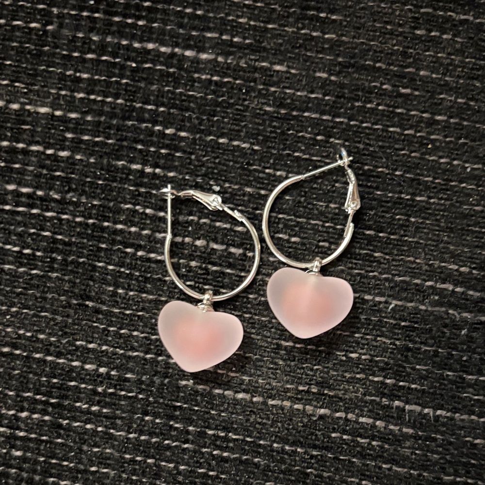 Silver Tone Hoop Earrings with Pink Heart Charms